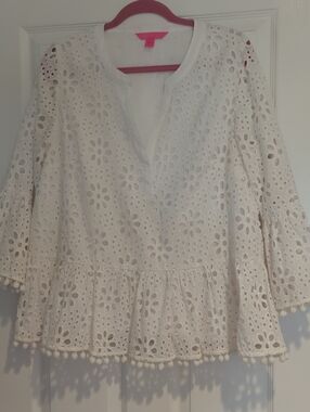 Lilly Pulitzer White Eyelet Peplum Blouse with Pom Trim